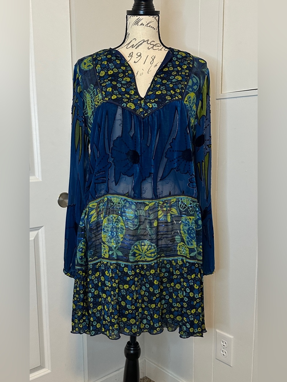 Anna Sui Sheer Velvet Burnout Mini Dress Sz 12 Butterfly Floral Blue Made USA